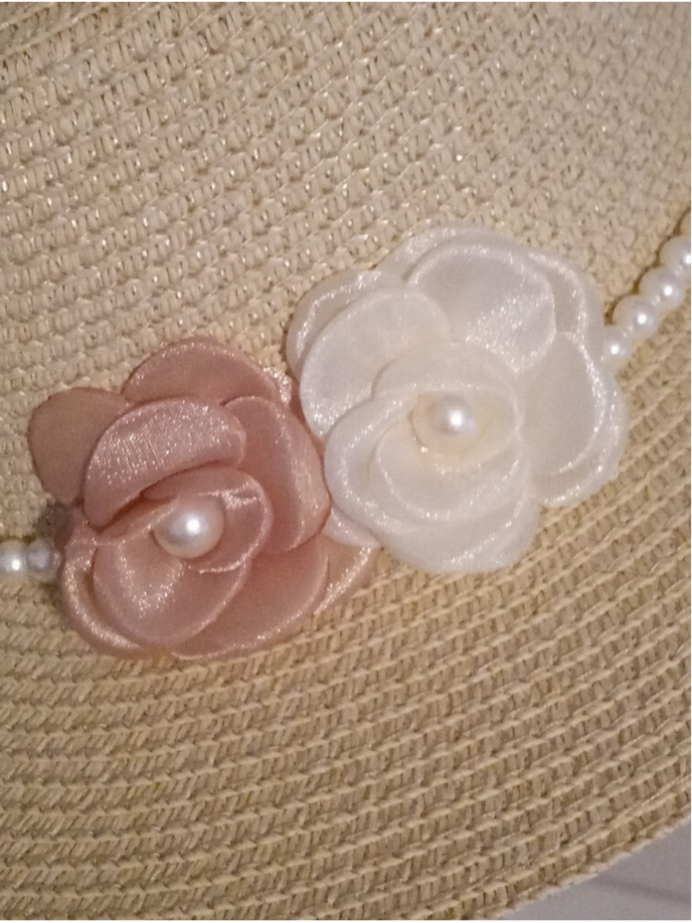 Woven Paper Straw Hat Natural Faux Pearl Trim - Picture 3 of 5